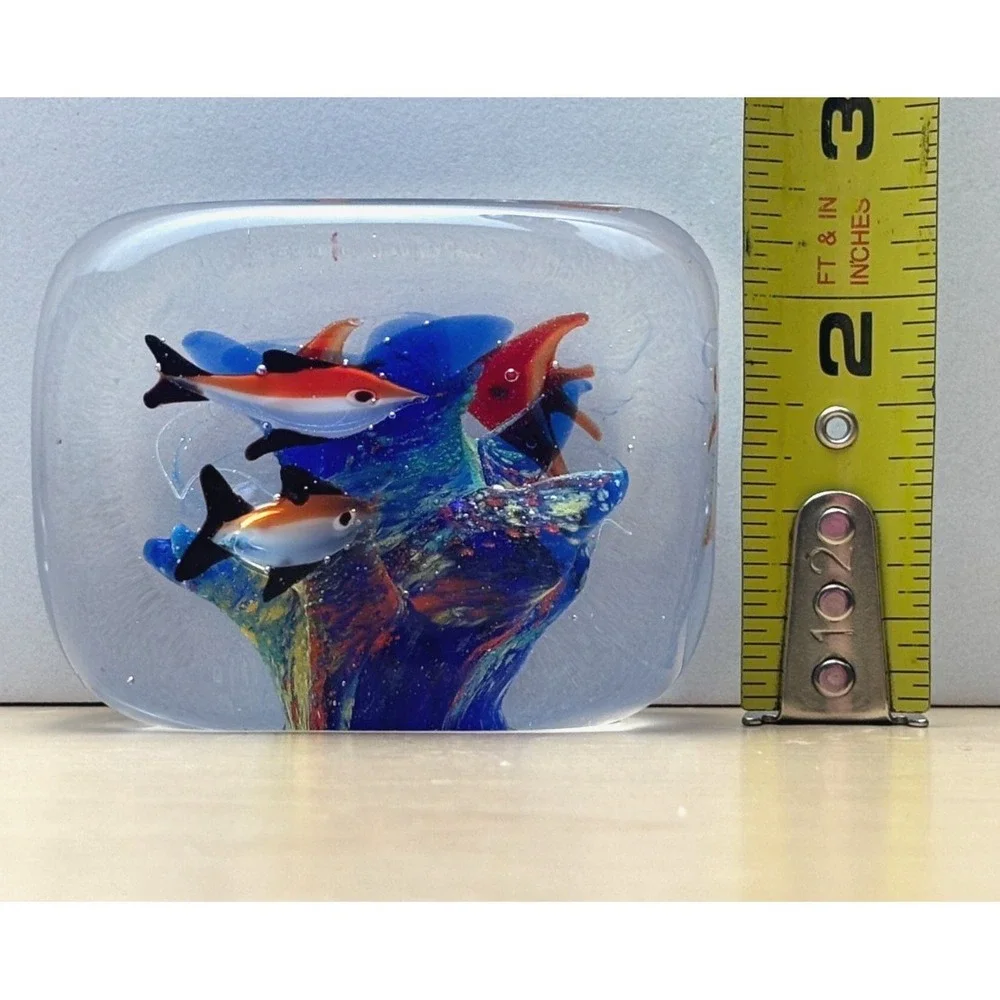 Art Glass Aquarium Fish Paperweight Rectangular Block Fish Blue Multicolor Dec